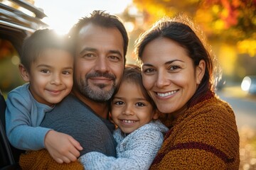 Cheerful family is posing together outdoors on a beautiful autumn day