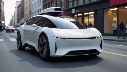 Fototapeta premium A 3D rendering showcases a futuristic self-driving car cruising through an urban landscape