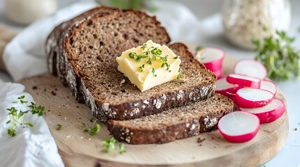 Black bread with butter and radishes