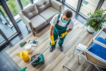 Fototapeta premium Professional Cleaner in Uniform Working with Equipment to Maintain a Spotless and Tidy Environment