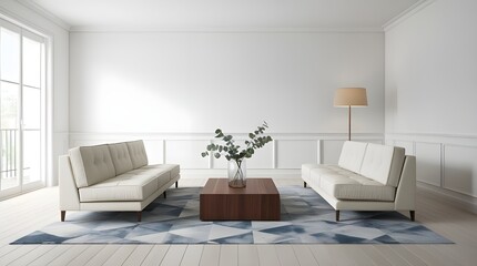 Fototapeta premium Modern Scandinavian living room featuring a white interior, blue rug, and two stylish couches. 