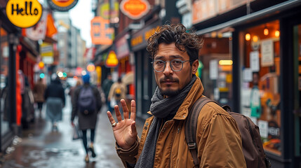 Obraz premium A man with glasses and a backpack standing in the middle of a city street