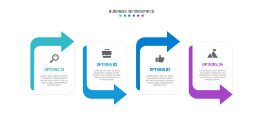 Horizontal progress bar featuring 4 arrow-shaped elements, symbolizing the four stages of business strategy and progression. Clean timeline infographic design template. Vector for presentation