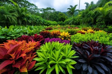 Fototapeta premium A tropical rainforest filled with diverse plants, from towering trees to colorful underbrush
