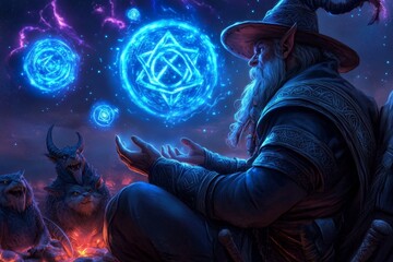 A wizard telling a tale of ancient magic, with glowing runes floating in the air and mythical creatures gathering around to listen