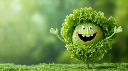 Smiling Lettuce Vegetable Character in Lush Green Environment