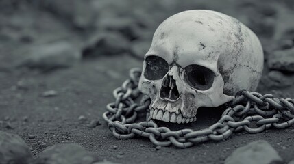 A weathered skull resting on rocky ground bound by a rusty chain in a desolate environment