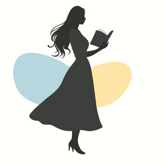 a woman standing and reading a book. She is wearing a long dress and has long hair that is flowing in the wind, vector silhouette, 