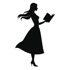 Fototapeta premium a woman standing and reading a book. She is wearing a long dress and has long hair that is flowing in the wind, vector silhouette, 