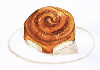 Watercolor Painting of a Cinnamon Roll, Isolated on White Background, Illustration