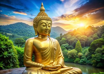 Obraz premium Radiant Golden Buddha Statue Surrounded by Tranquil Nature in a Serene Outdoor Setting