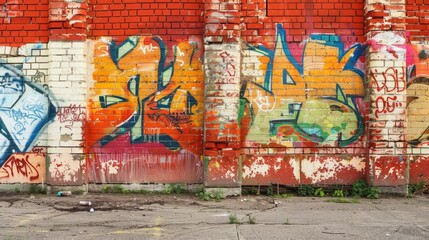 Fototapeta premium Urban Art Explosion: Vibrant Graffiti on School Wall with Weathered Charm