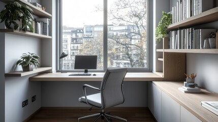 Fototapeta premium A compact home office in a minimalist style, featuring a floating desk, ergonomic chair, and built-in shelves A large window provides ample natural light, enhancing the clean, functional space