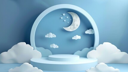 Serene Blue Paper Cut Night Sky with Moon and Clouds