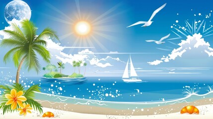 Obraz premium Tropical Paradise Vector Illustration: Sun, Sea, and Serenity
