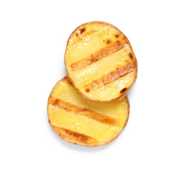 Pieces of delicious grilled potato on white background
