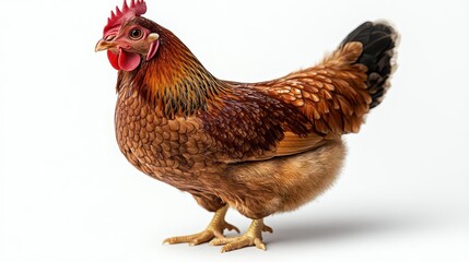 Fototapeta premium a fullbody shot of a curious chicken looking directly at the viewer against a clean white background showcasing its personality and charm
