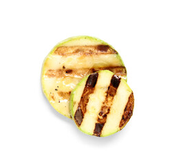 Pieces of tasty grilled zucchini on white background, closeup