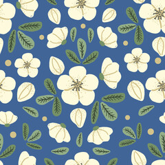 Christmas rose seamless pattern. Hand drawn white flowers on blue background. Folk art ornament. Winter botanical backdrop.