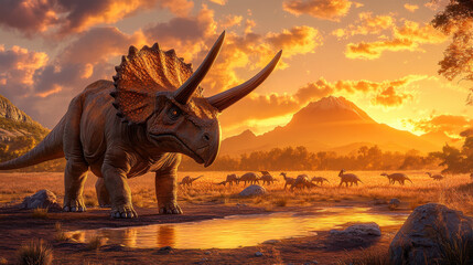 A realistic depiction of a triceratops in a wide, open savannah, the golden hour lighting...