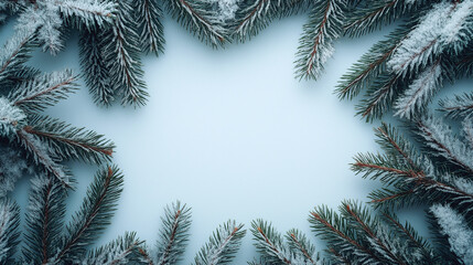 A snow covered pine tree with a blue background. Sprigs of spruce, covered in snow, lay around in the white snow. There is an empty space in the center.