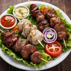 Delicious fresh Kebab assortment Served with some salad, grilled chicken skewers with a side of grilled vegetables, grilled kebab with couscous and vegetables