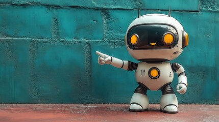 adorable robot pointing towards the horizon with a curious expression set against a minimalistic background with ample copy space to convey a message of exploration and wonder