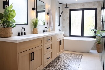 Modern bathroom design featuring a double vanity with a quartz countertop, freestanding tub, and natural light from a large window