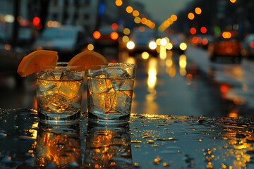 Two glasses of ice water garnished with orange slices on a wet table with a blurred city background.