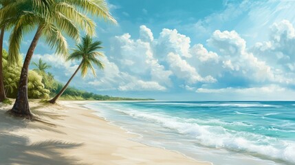 Obraz premium Palm Trees and White Sand Beach with Blue Ocean and Clouds