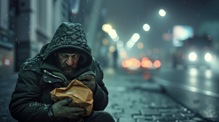 A man sitting on the ground in the rain holding a bag of food