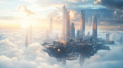 Fototapeta premium Ethereal floating city with advanced futuristic buildings, glowing above soft clouds, showcasing cutting-edge technology and design