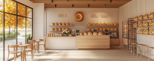 A minimalist bagel shop with a central baking station visible to customers, minimalistic furniture, and a focus on the fresh bagels displayed in a clean, straightforward manner