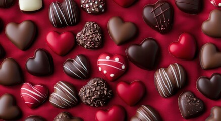 Heart-shaped chocolates scattered on red satin fabric for a romantic celebration