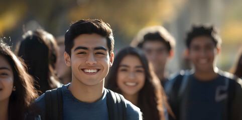 Fototapeta premium A group of university students, male and female, smiling at the camera. The focus is on a handsome 23-year-old Latino man.