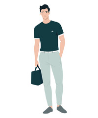 Vector illustration of a man in a dark t-shirt and light pants with a bag
