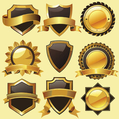 Gold Luxury Badge and Ribbon Collection Vector Set &ndash; Star, Shield, Emblem, Wreath, Banner Icons on a White Background for Virtual Competition or Award Ceremony Design Template