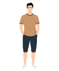 Obraz premium Vector illustration of a man in a summer look with a brown t-shirt and dark shorts