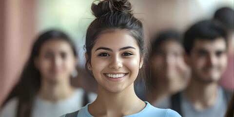 Obraz premium A group of university students, male and female, smiling at the camera. The focus is on a beautiful young ARGENTINAN woman with her hair styled in a bun and wearing a light blue top