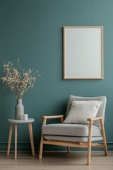 A cozy corner with a chair and plant against a teal wall in a serene indoor setting