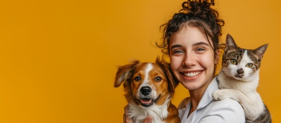 A joyful female veterinarian smiles while holding a content dog and curious cat against a vibrant yellow background, banner, With copy space for text.