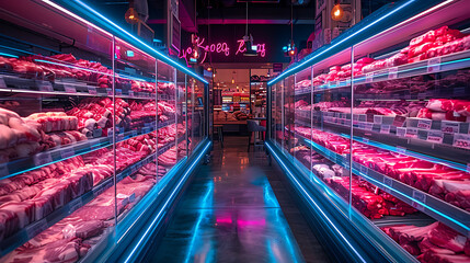 Fototapeta premium Meat aisle with various cuts displayed in a refrigerated grocery section. close-up of a meat fridge in a grocery store filled with various cuts of fresh meat various cuts of beef, pork and other meats