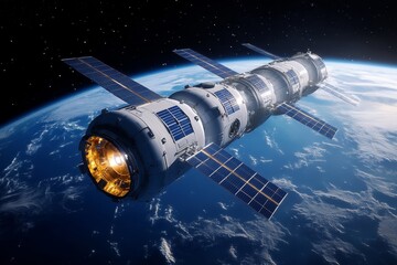 Fototapeta premium A futuristic space habitat orbiting Earth, with rotating modules and solar panels generating energy