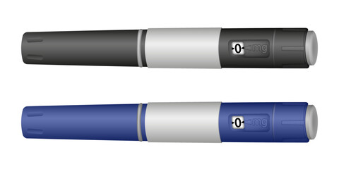Insulin pen syringe. Diabetes treatment or weight management. Diet, weight loss. Black and blue packaging	
