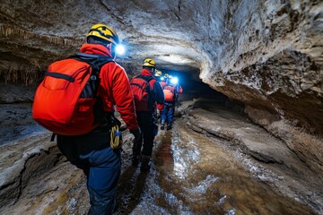 Obraz premium A group of adventurers exploring a cave with headlamps, discovering ancient rock formations and underground rivers