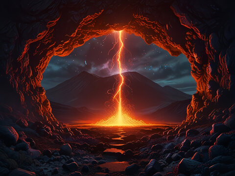 lightning outside the cave in the starry night,adventure
