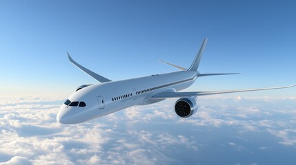 Obraz premium A wide-body airliner soars in a clear sky, showcasing its sleek design and impressive wingspan.