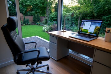 A home office with a view of the garden, showing a well-lit space with a laptop, desk, and comfortable chair