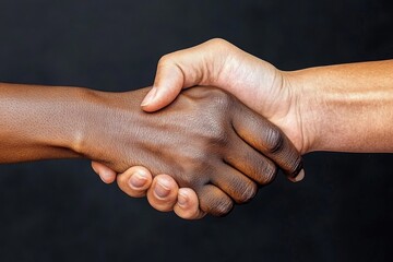 A hyper-realistic close-up of two hands of different skin tones joined together, highlighting the textures and details of skin, representing equality