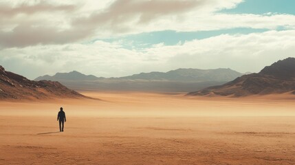 Solitary Figure Walking Across a Vast Desert Landscape